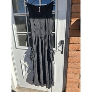 Monoreno Charcoal Button Front Maxi Dress Boho Frayed Pockets Small Lagenlook